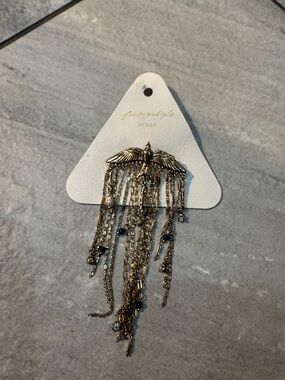 Free people Gold Winged Multi-Chain Fringe Brooch with Blue Bead Accents